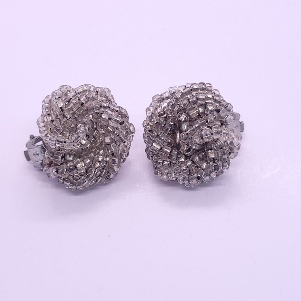 Vintage Japan Clear Glass Seed Bead Cluster Clip-On Earrings 24.1mm MCM
